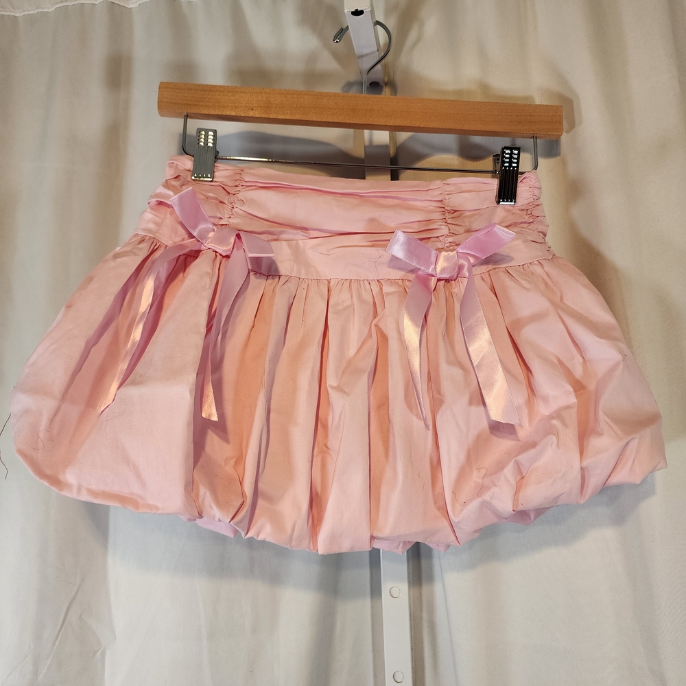 dolls kill sugar thrillz Adored Aura twill satin bow bubble mini skirt Size XXS
